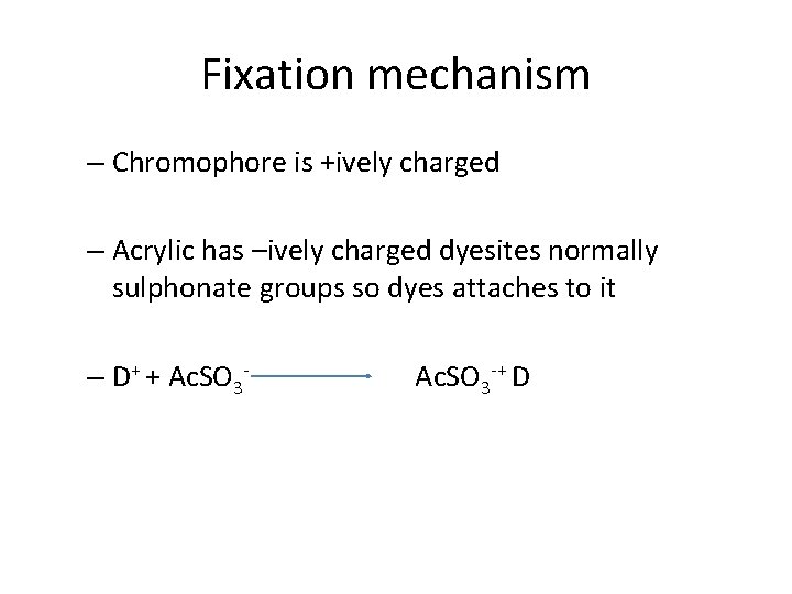 Fixation mechanism – Chromophore is +ively charged – Acrylic has –ively charged dyesites normally