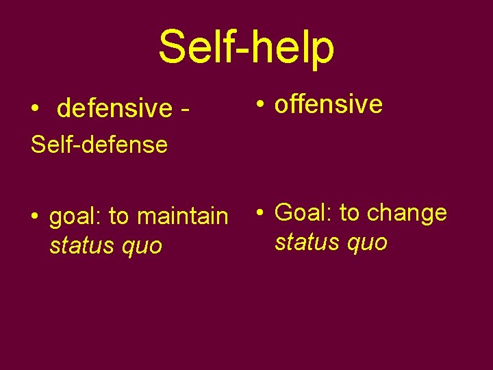 Self-help • defensive - • offensive Self-defense • goal: to maintain • Goal: to