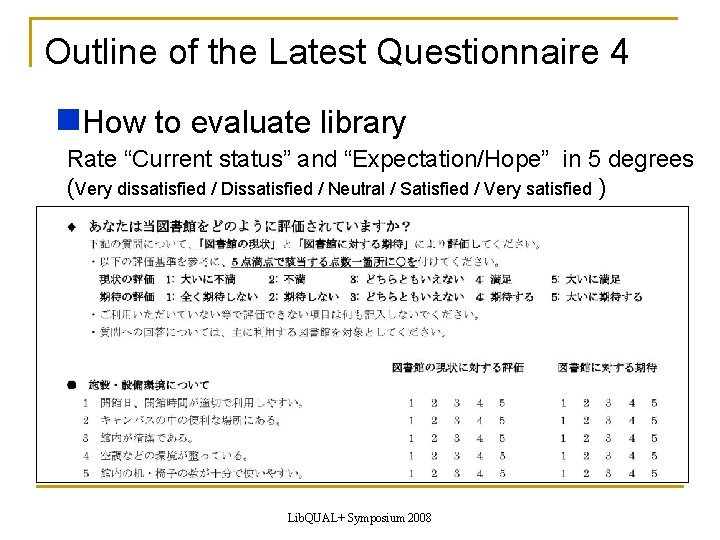 Outline of the Latest Questionnaire 4 How to evaluate library Rate “Current status” and