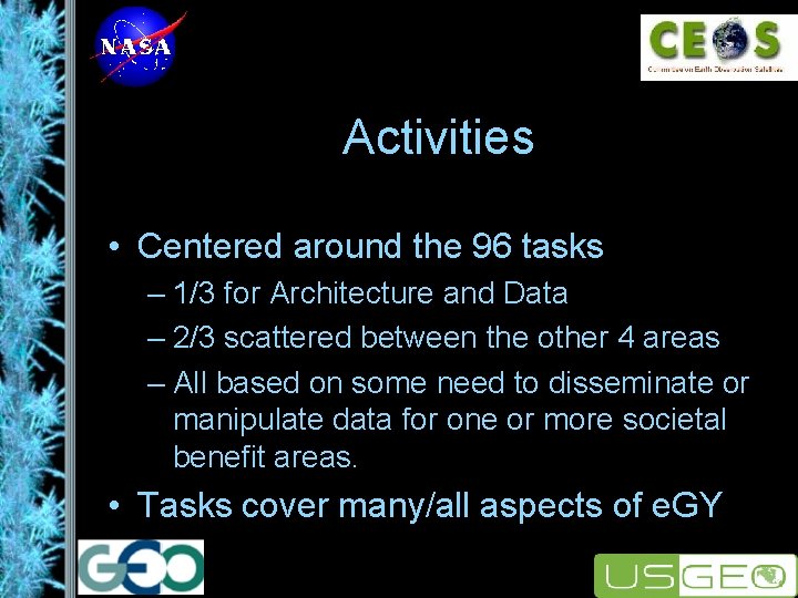 Activities • Centered around the 96 tasks – 1/3 for Architecture and Data –