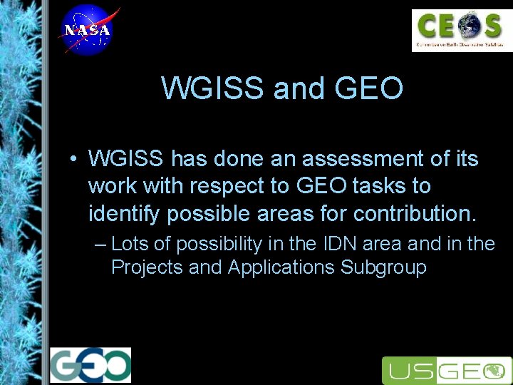 WGISS and GEO • WGISS has done an assessment of its work with respect