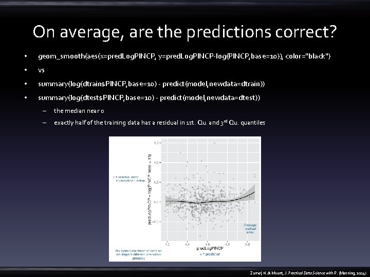 On average, are the predictions correct? • geom_smooth(aes(x=pred. Log. PINCP, y=pred. Log. PINCP-log(PINCP, base=10)),