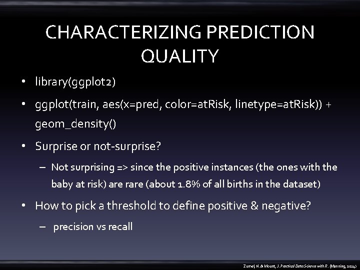 CHARACTERIZING PREDICTION QUALITY • library(ggplot 2) • ggplot(train, aes(x=pred, color=at. Risk, linetype=at. Risk)) +