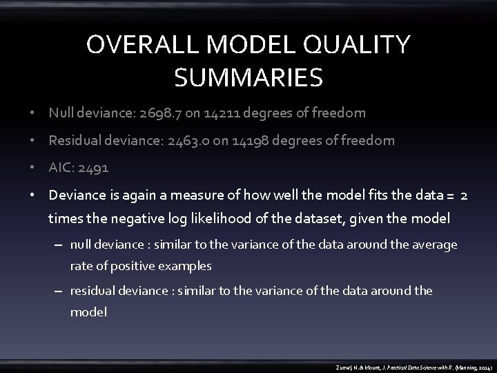 OVERALL MODEL QUALITY SUMMARIES • Null deviance: 2698. 7 on 14211 degrees of freedom