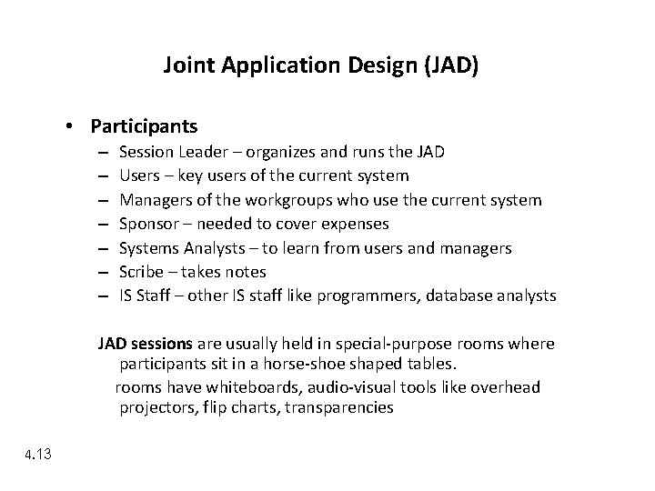 Joint Application Design (JAD) • Participants – – – – Session Leader – organizes