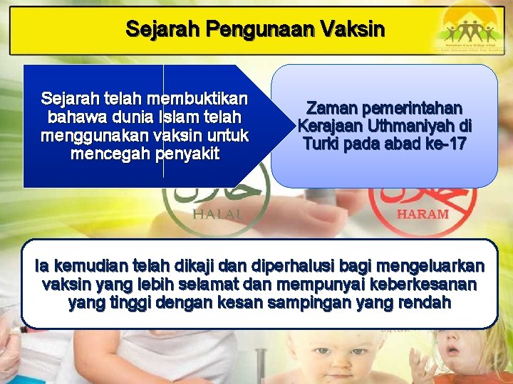 Sejarah Pengunaan Vaksin Sejarah telah membuktikan bahawa dunia Islam telah menggunakan vaksin untuk mencegah