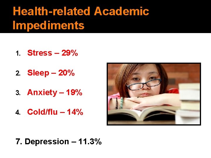 Health-related Academic Impediments 1. Stress – 29% 2. Sleep – 20% 3. Anxiety –