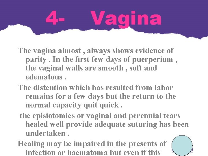 4 - Vagina The vagina almost , always shows evidence of parity. In the 4 - Vagina The vagina almost , always shows evidence of parity. In the