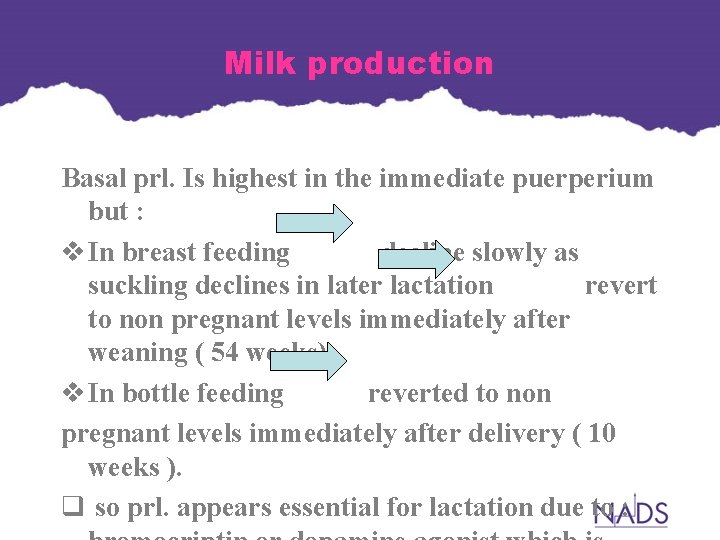Milk production Basal prl. Is highest in the immediate puerperium but : v In Milk production Basal prl. Is highest in the immediate puerperium but : v In