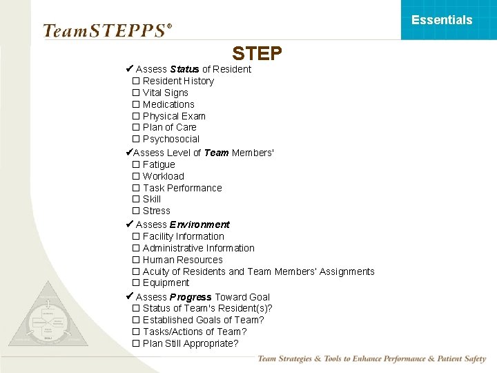 Essentials ® STEP Assess Status of Resident History Vital Signs Medications Physical Exam Plan