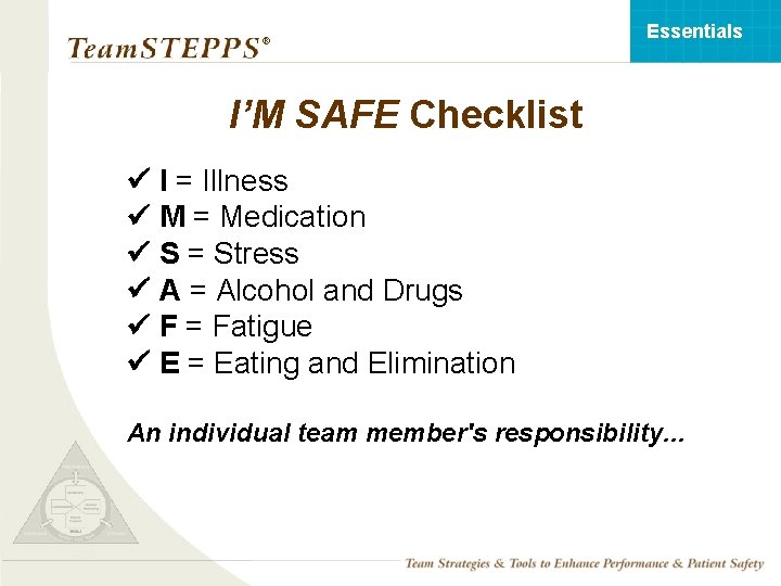 Essentials ® I’M SAFE Checklist I = Illness M = Medication S = Stress