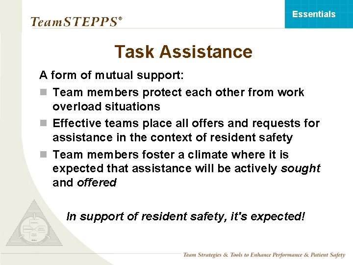 Essentials ® Task Assistance A form of mutual support: n Team members protect each