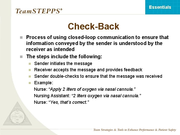 Essentials ® Check-Back n Process of using closed-loop communication to ensure that information conveyed