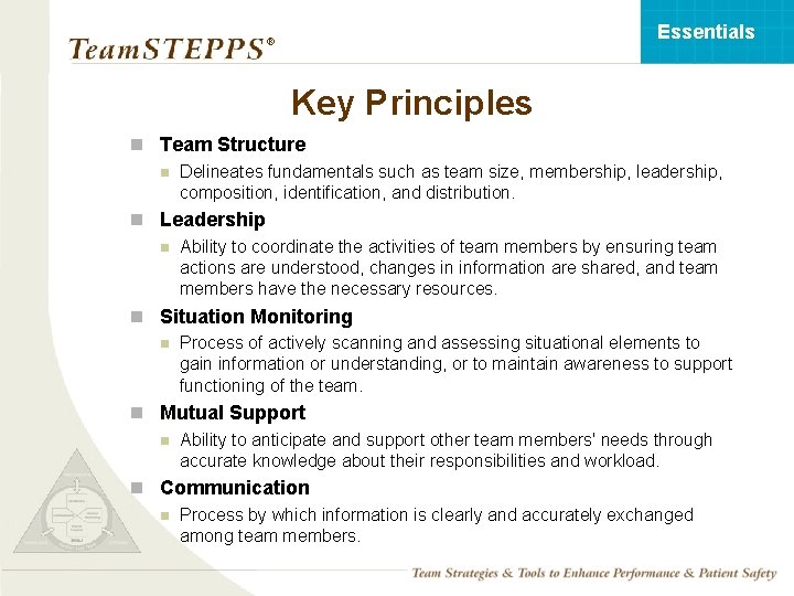 Essentials ® Key Principles n Team Structure n Delineates fundamentals such as team size,