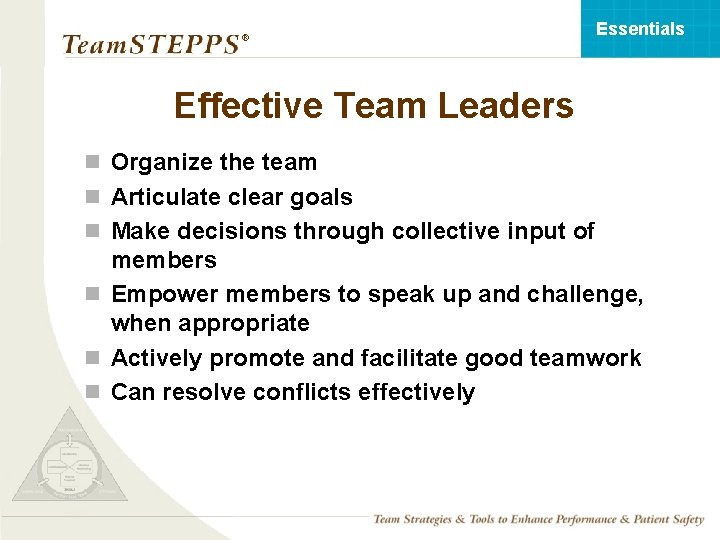 Essentials ® Effective Team Leaders n Organize the team n Articulate clear goals n