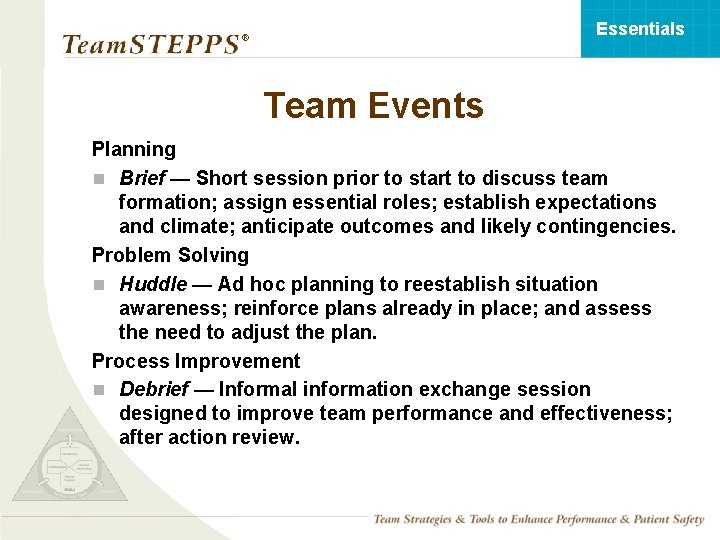 Essentials ® Team Events Planning n Brief — Short session prior to start to