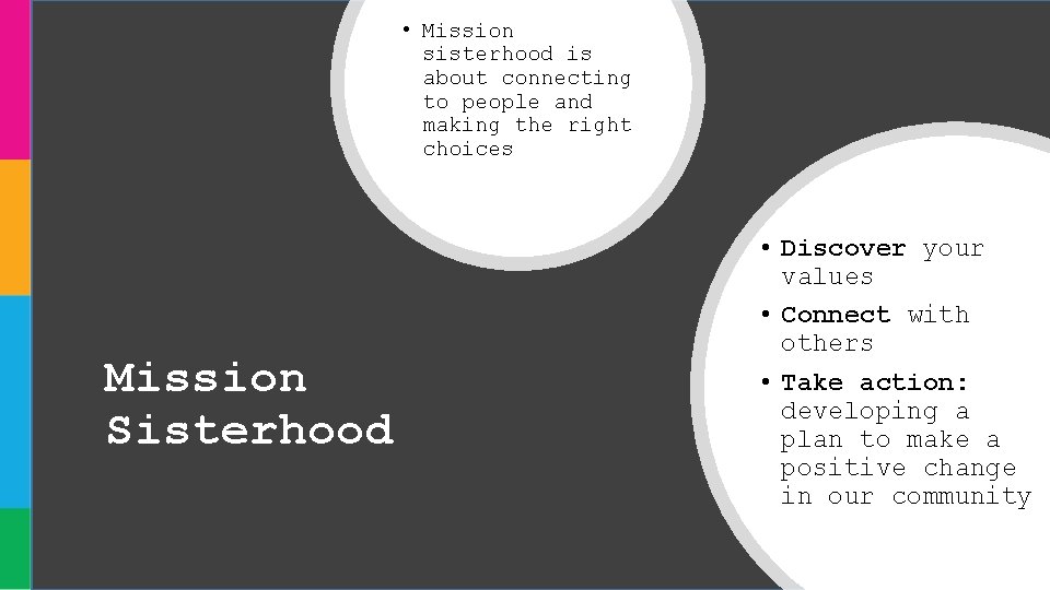 • Mission sisterhood is about connecting to people and making the right choices • Mission sisterhood is about connecting to people and making the right choices