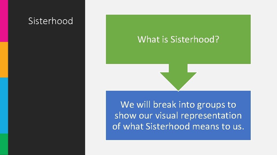 Sisterhood What is Sisterhood? We will break into groups to show our visual representation Sisterhood What is Sisterhood? We will break into groups to show our visual representation
