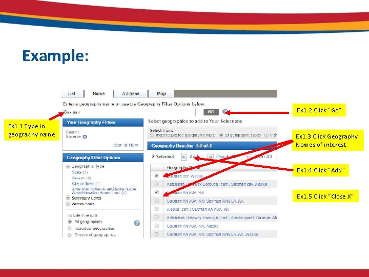 Example: Ex 1. 2 Click “Go” Ex 1. 1 Type in geography name Ex Example: Ex 1. 2 Click “Go” Ex 1. 1 Type in geography name Ex