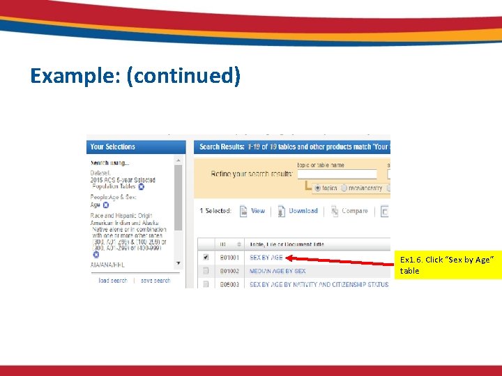 Example: (continued) Ex 1. 6. Click “Sex by Age” table Example: (continued) Ex 1. 6. Click “Sex by Age” table