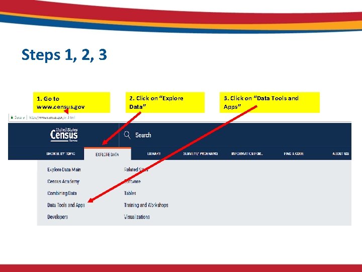 Steps 1, 2, 3 1. Go to www. census. gov 2. Click on “Explore Steps 1, 2, 3 1. Go to www. census. gov 2. Click on “Explore