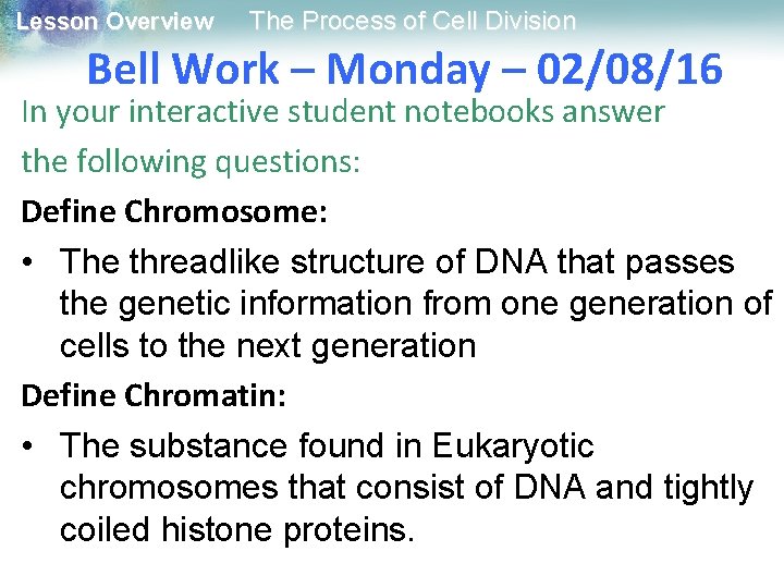 Lesson Overview The Process of Cell Division Bell Work – Monday – 02/08/16 In