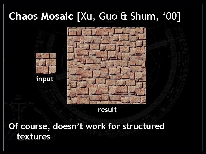 Chaos Mosaic [Xu, Guo & Shum, ‘ 00] input result Of course, doesn’t work