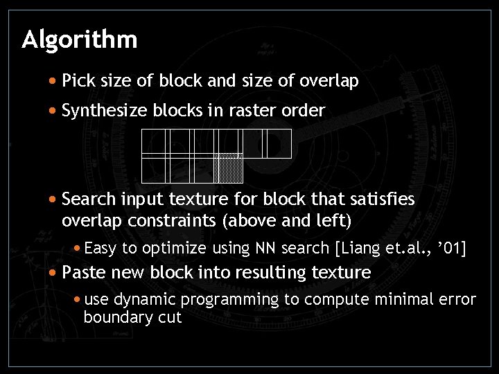 Algorithm • Pick size of block and size of overlap • Synthesize blocks in Algorithm • Pick size of block and size of overlap • Synthesize blocks in