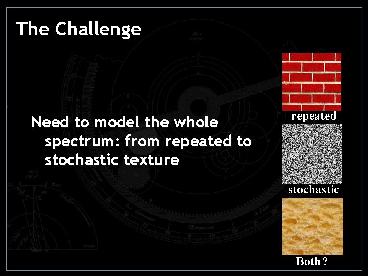 The Challenge Need to model the whole spectrum: from repeated to stochastic texture repeated The Challenge Need to model the whole spectrum: from repeated to stochastic texture repeated