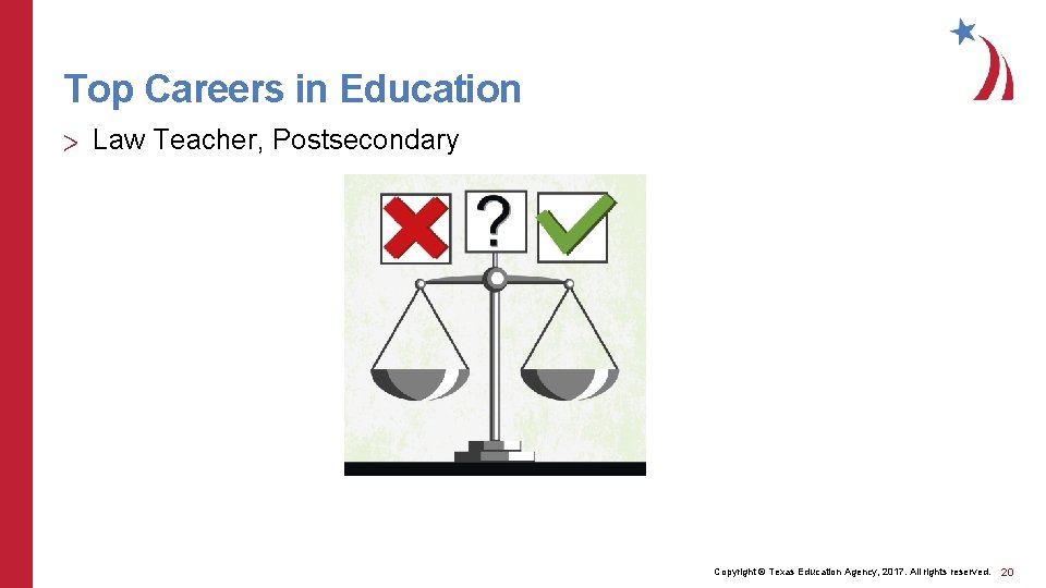 Top Careers in Education > Law Teacher, Postsecondary Copyright © Texas Education Agency, 2017.