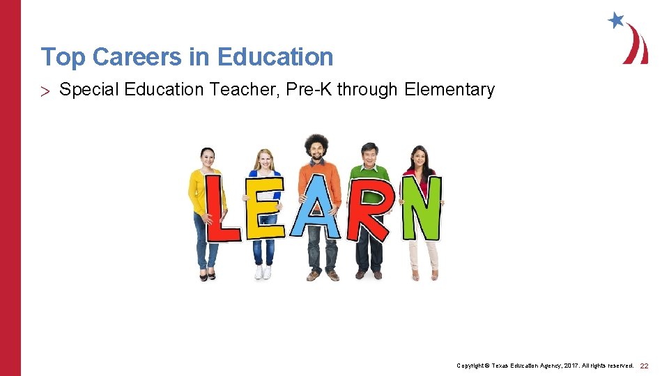 Top Careers in Education > Special Education Teacher, Pre-K through Elementary Copyright © Texas