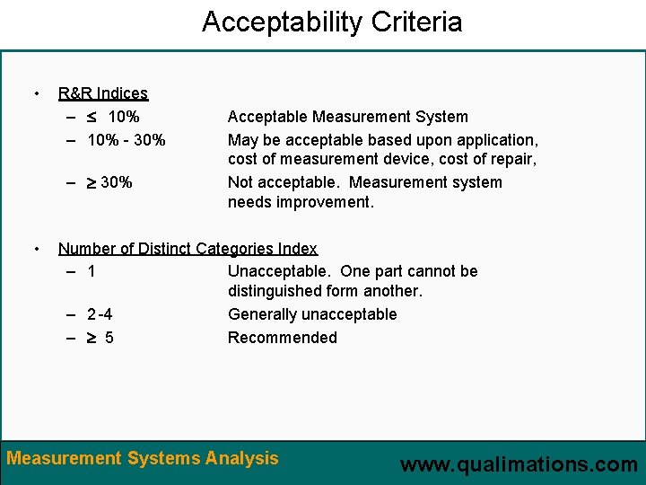 Acceptability Criteria • R&R Indices – 10% – 10% - 30% – 30% •