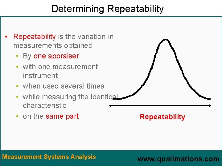 Determining Repeatability • Repeatability is the variation in measurements obtained • By one appraiser