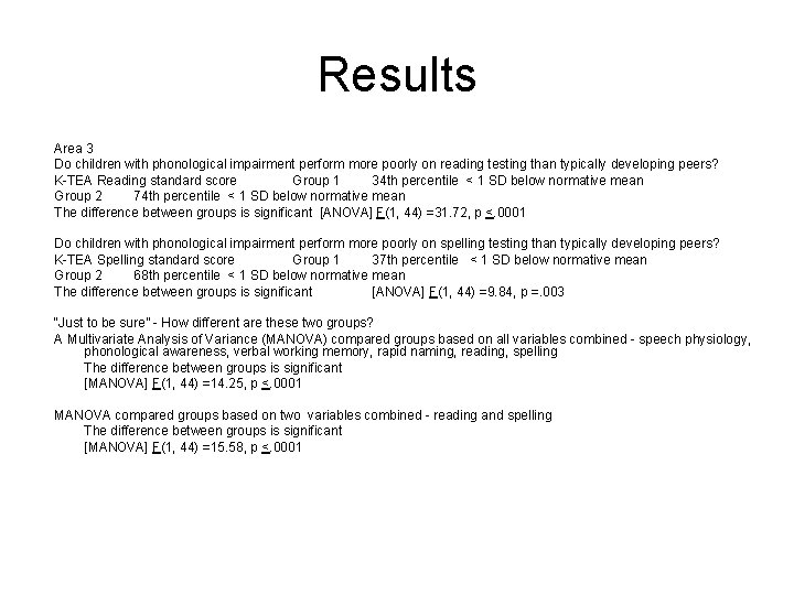 Results Area 3 Do children with phonological impairment perform more poorly on reading testing Results Area 3 Do children with phonological impairment perform more poorly on reading testing
