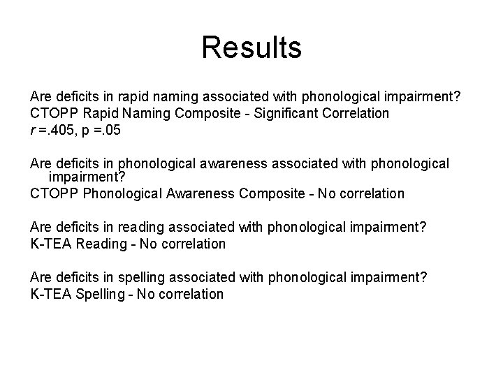 Results Are deficits in rapid naming associated with phonological impairment? CTOPP Rapid Naming Composite