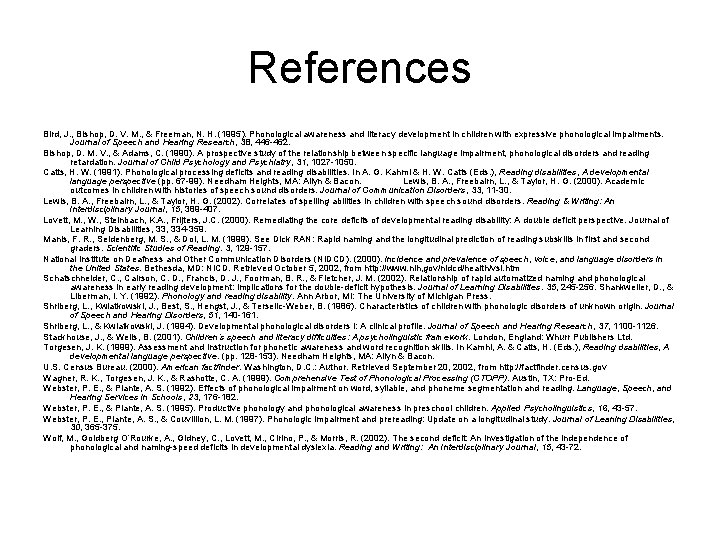 References Bird, J. , Bishop, D. V. M. , & Freeman, N. H. (1995). References Bird, J. , Bishop, D. V. M. , & Freeman, N. H. (1995).
