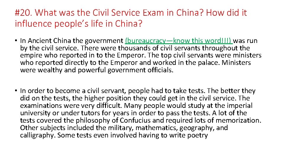 #20. What was the Civil Service Exam in China? How did it influence people’s