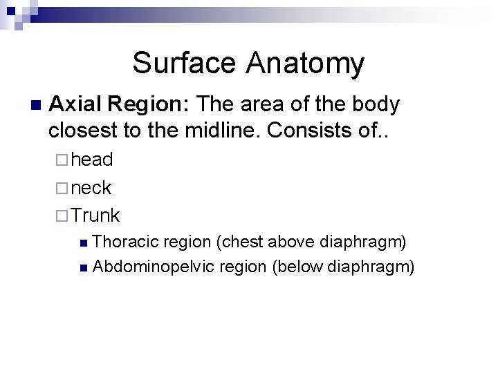 Surface Anatomy n Axial Region: The area of the body closest to the midline.