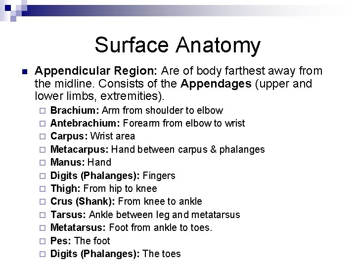 Surface Anatomy n Appendicular Region: Are of body farthest away from the midline. Consists