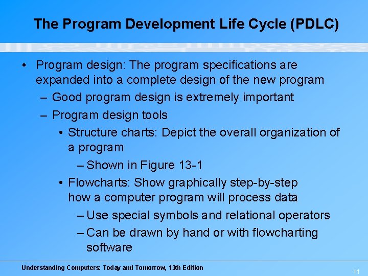 The Program Development Life Cycle (PDLC) • Program design: The program specifications are expanded