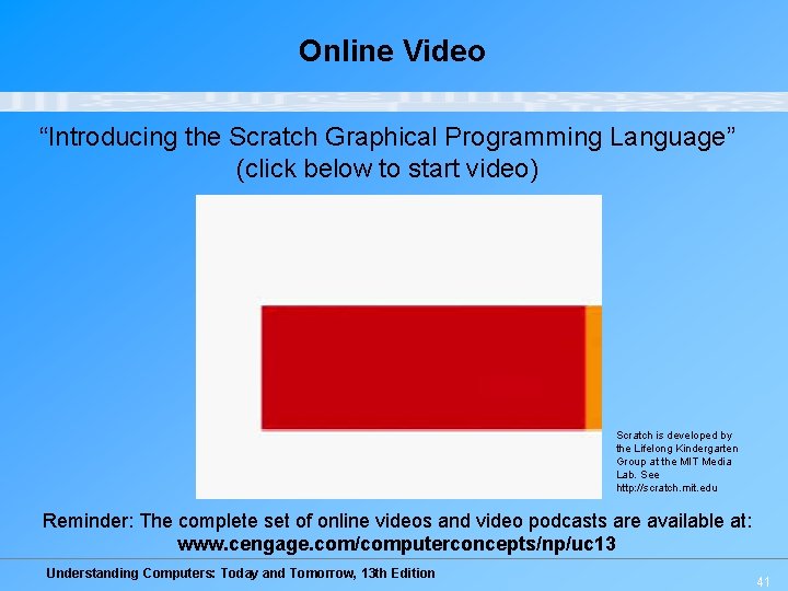 Online Video “Introducing the Scratch Graphical Programming Language” (click below to start video) Scratch