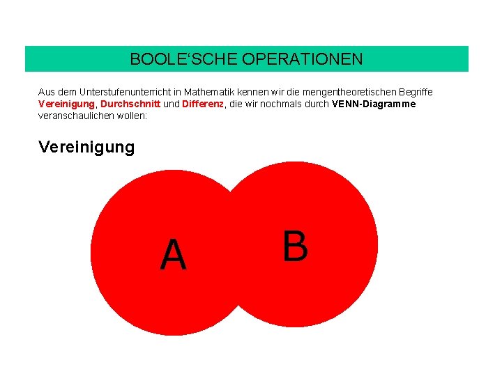 BOOLE‘SCHE OPERATIONEN Aus dem Unterstufenunterricht in Mathematik kennen wir die mengentheoretischen Begriffe Vereinigung, Durchschnitt