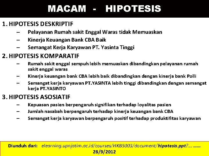 MACAM - HIPOTESIS 1. HIPOTESIS DESKRIPTIF – – – Pelayanan Rumah sakit Enggal Waras
