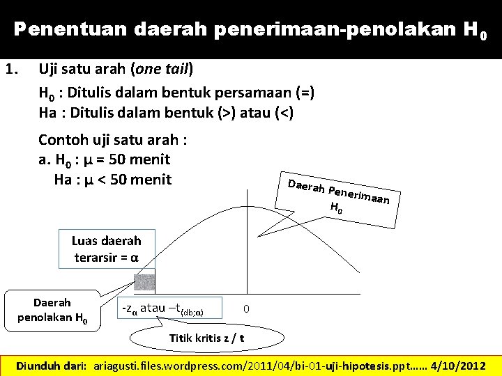 Penentuan daerah penerimaan-penolakan H 0 1. Uji satu arah (one tail) H 0 :