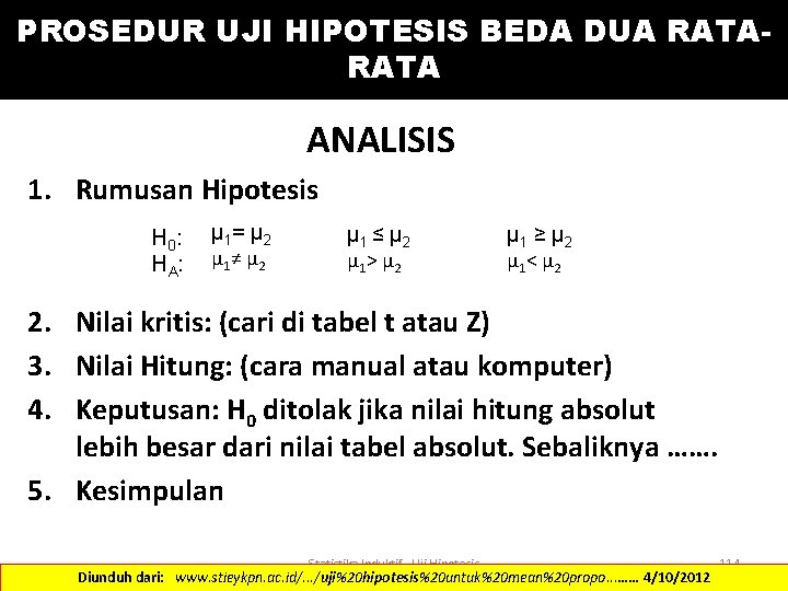 PROSEDUR UJI HIPOTESIS BEDA DUA RATA ANALISIS 1. Rumusan Hipotesis H 0 : HA: