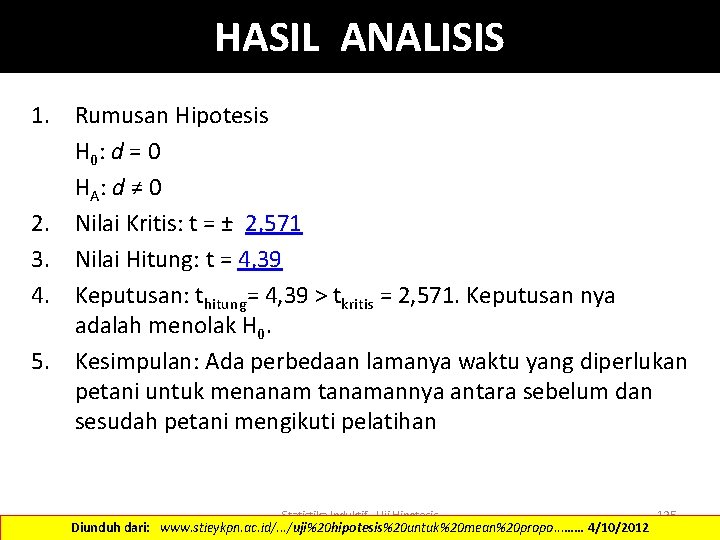 HASIL ANALISIS 1. Rumusan Hipotesis H 0: d = 0 HA: d ≠ 0