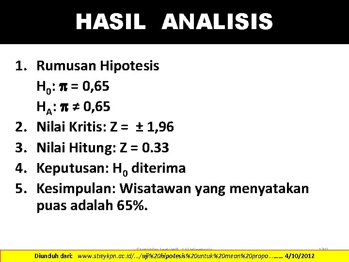 HASIL ANALISIS 1. Rumusan Hipotesis H 0: = 0, 65 HA: ≠ 0, 65