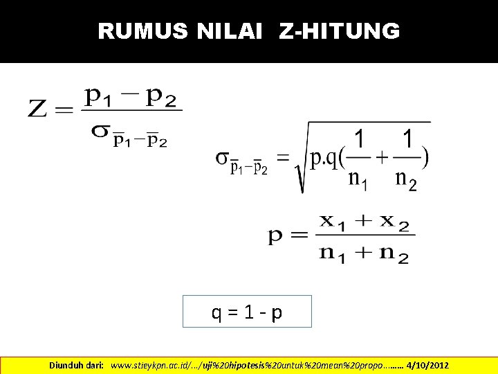 RUMUS NILAI Z-HITUNG q = 1 - p Diunduh dari: www. stieykpn. ac. id/.