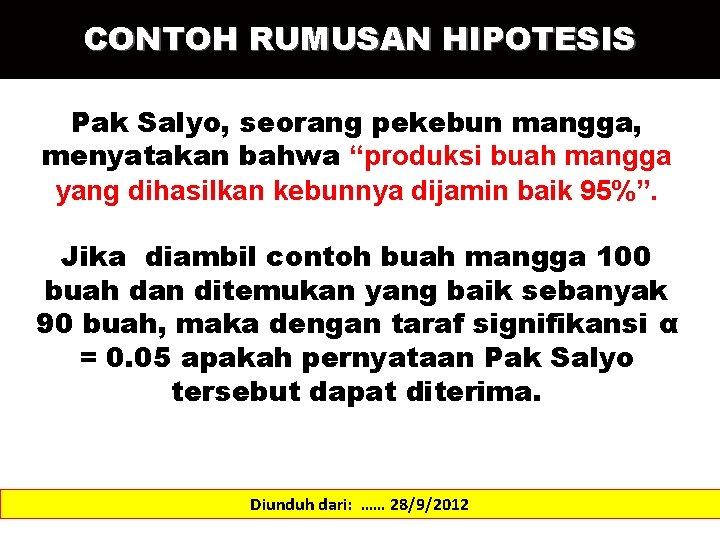 CONTOH RUMUSAN HIPOTESIS Pak Salyo, seorang pekebun mangga, menyatakan bahwa “produksi buah mangga yang