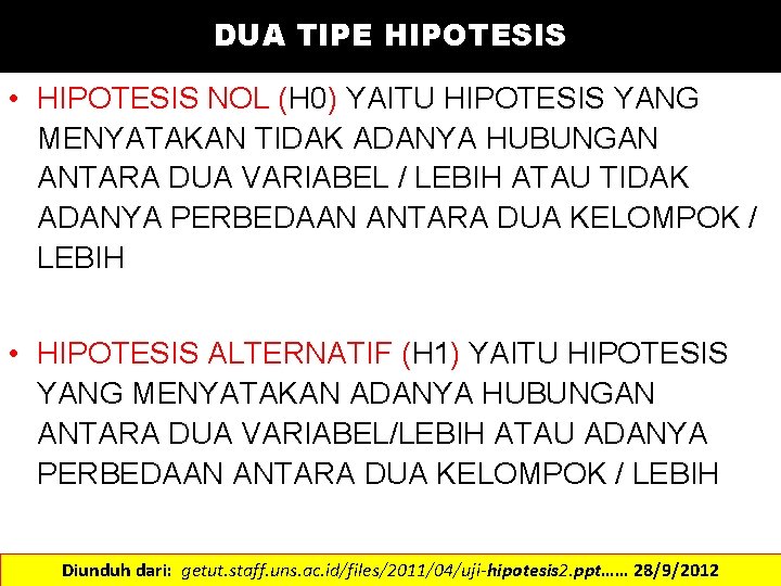 DUA TIPE HIPOTESIS • HIPOTESIS NOL (H 0) YAITU HIPOTESIS YANG MENYATAKAN TIDAK ADANYA
